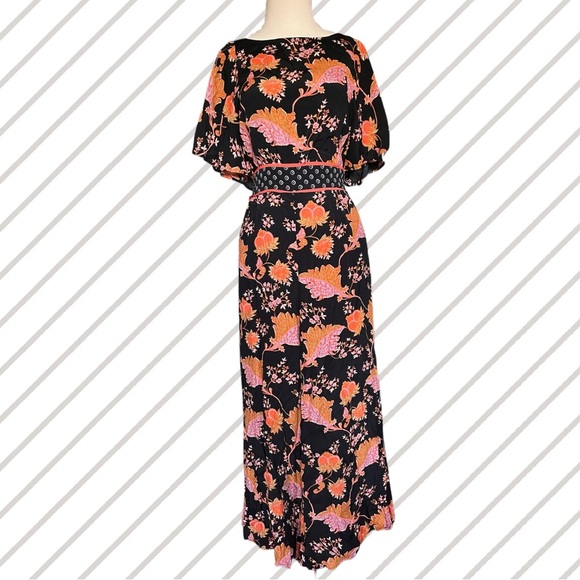 Maeve for Anthropologie Black w/ Orange & Coral Floral Belted Botanical Jumpsuit - Picture 3 of 7